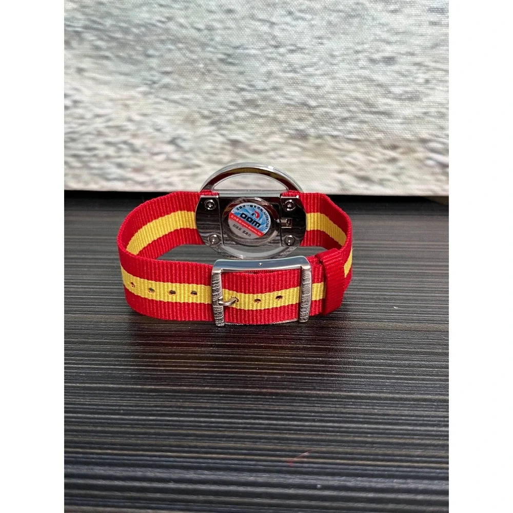 🎁DOM Minimalist Transparent Dial Watch Red Yellow Striped Nylon Strap